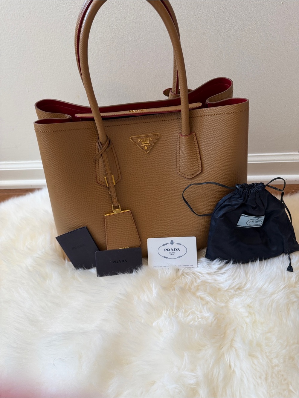 Prada Tan Leather Tote with Red Interior